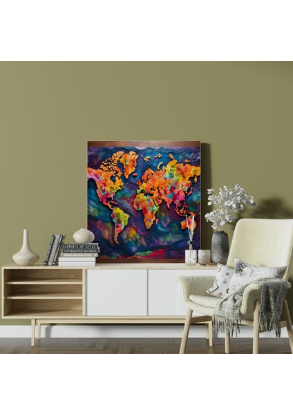 Renkli Dünya Haritası Kanvas Tablo - Dünya Haritası, Duvar Sanatı, Yolculuk Tutkusu, Tonlar, 30 x 30 cm fiyatları