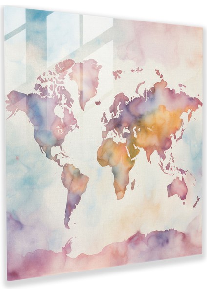 Dünya Haritası Cam Baskı - Suluboya Pastel Tablo - Dünya Haritası, Cam Baskı, Modern Sanat, Suluboya Resim, 30 x 30 cm