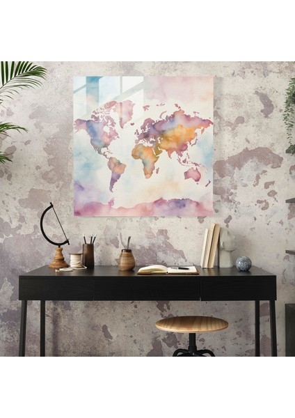 Dünya Haritası Cam Baskı - Suluboya Pastel Tablo - Dünya Haritası, Cam Baskı, Modern Sanat, Suluboya Resim, 30 x 30 cm fiyatları