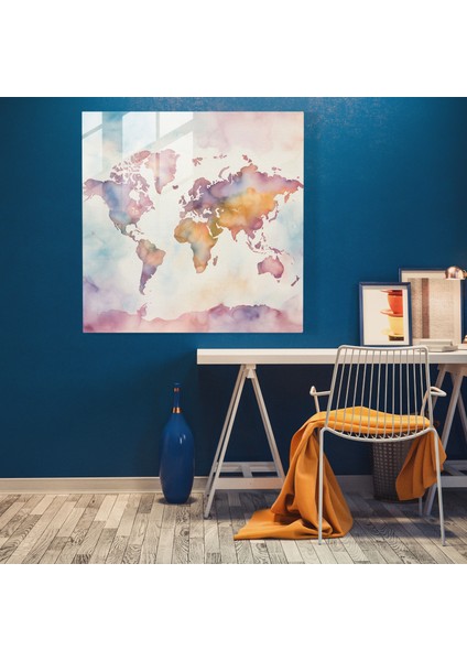 Dünya Haritası Cam Baskı - Suluboya Pastel Tablo - Dünya Haritası, Cam Baskı, Modern Sanat, Suluboya Resim, 30 x 30 cm modelleri