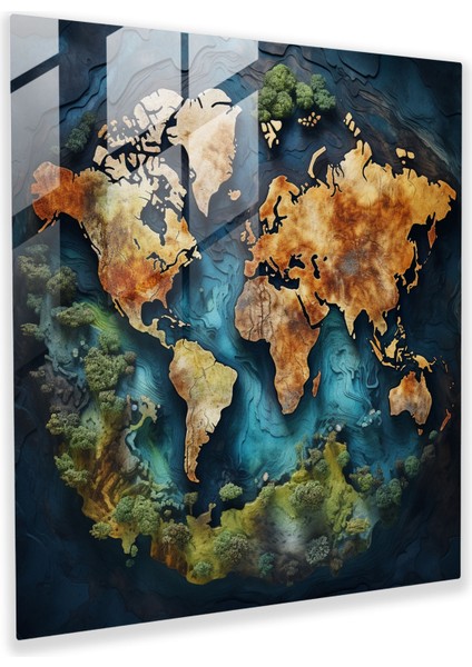Havadan Dünya Haritası Cam Baskı - Dünya Haritası, Cam Sanatı, Ev Dekorasyonu, Duvar Dekorasyonu, 30 x 30 cm