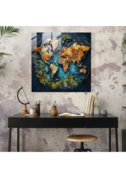 Havadan Dünya Haritası Cam Baskı - Dünya Haritası, Cam Sanatı, Ev Dekorasyonu, Duvar Dekorasyonu, 30 x 30 cm fiyatları