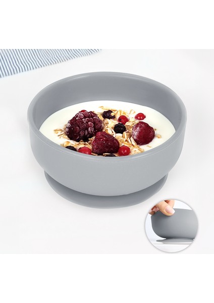 Vakumlu Silikon Bebek Mama Kasesi - Vakum Tabanlı Kase - Gri