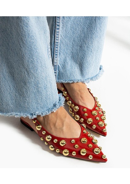 Kadın Rozi Kırmızı Rugan Babet Altın Trop Detaylı Arka Açık