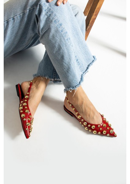 Kadın Rozi Kırmızı Rugan Babet Altın Trop Detaylı Arka Açık fiyatları