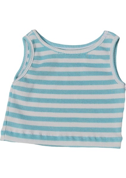 Kadın Turkuaz-Beyaz Çizgili Fitilli Halter Yaka Kolsuz Atlet T-Shirt