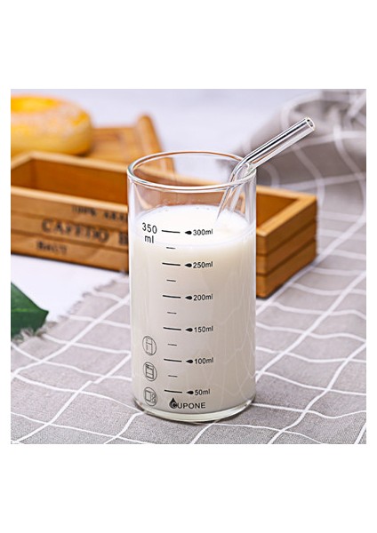 350ML 350ML Kalın Yüksek Sıcaklığa Dayanıklı Cam Ölçekli Bardak Pişirme Mikrodalga Fırın Düz Ölçüm Bardak Cam Saman ile Süt Bardağı (Yurt Dışından)