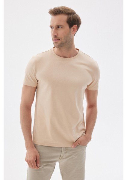 Erkek Bisiklet Yaka Slim Fit Basic Tişört Bej