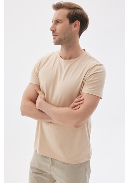 Erkek Bisiklet Yaka Slim Fit Basic Tişört Bej