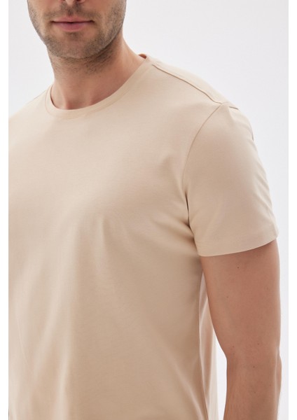 Erkek Bisiklet Yaka Slim Fit Basic Tişört Bej
