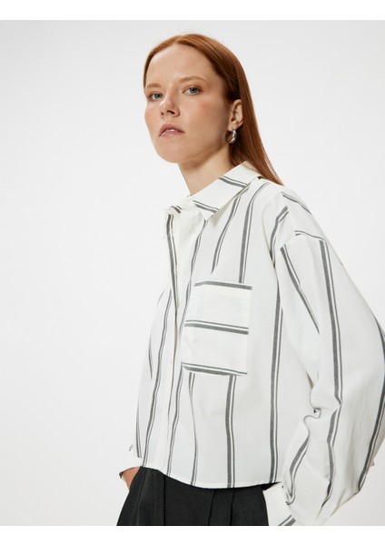 Crop Poplin Gömlek Uzun Kollu Cep Detaylı Pamuklu