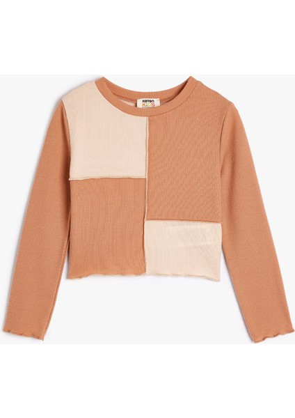 Tişört Uzun Kollu Parçalı Renk Bloklu Dar Kesim