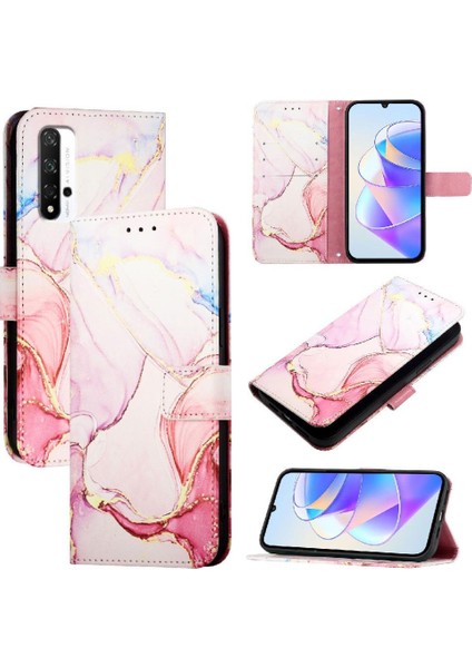 Onur 20 Için Kılıf Pro 4g Mermer Desen Kickstand Cüzdan Pu Deri (Yurt Dışından)