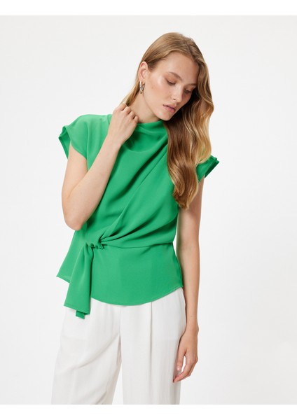 Kolsuz Dik Yaka Bluz Asimetrik Düğüm Detaylı