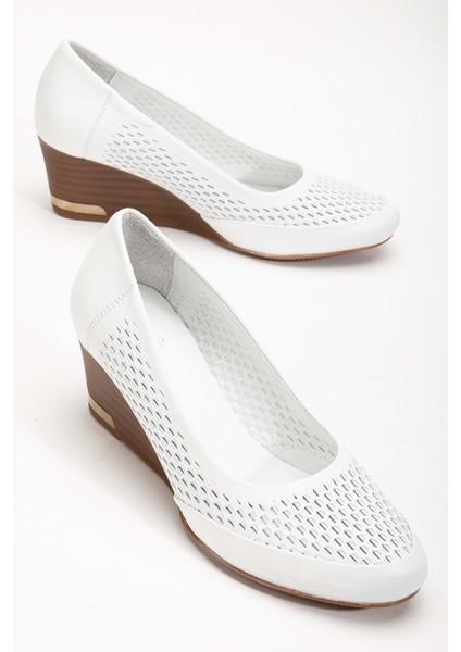 Kadın Hakiki Deri Petek Baskılı Dolgu Topuklu Ayakkabı - Beyaz - 36 modelleri