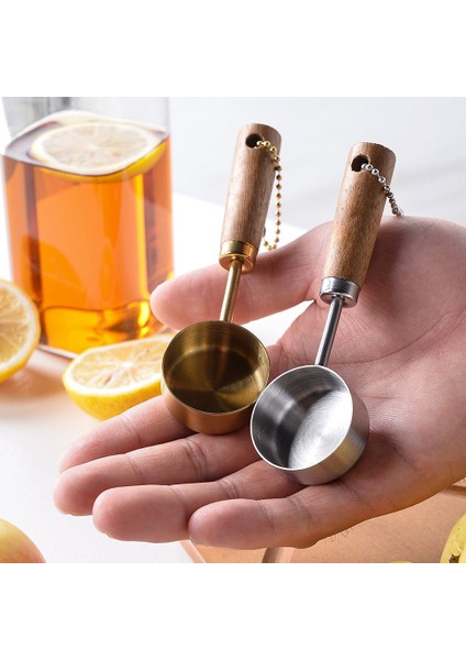 Gümüş 14ML Paslanmaz Çelik Ahşap Saplı Ölçü Kaşığı Düz Tabanlı Ölçü Kabı Taşınabilir Asılabilir Mutfak Ölçü Aletleri (Yurt Dışından)