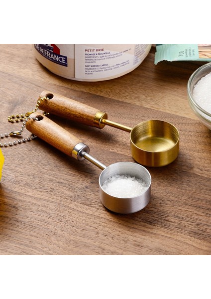 Gümüş 14ML Paslanmaz Çelik Ahşap Saplı Ölçü Kaşığı Düz Tabanlı Ölçü Kabı Taşınabilir Asılabilir Mutfak Ölçü Aletleri (Yurt Dışından)