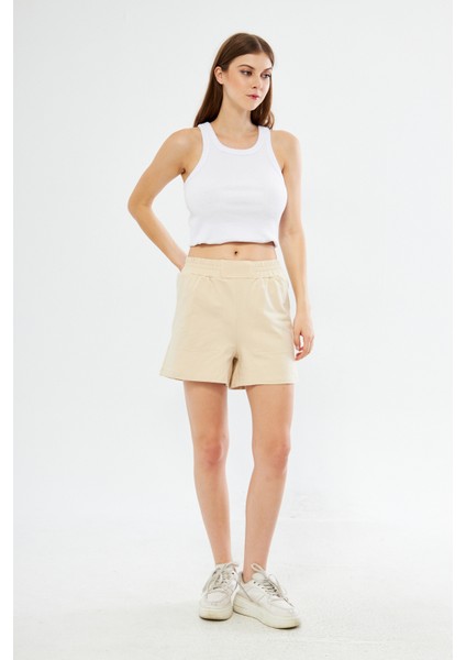 Kadın Krem Yüksek Bel Rahat Kalıp Günlük Mini Şort fiyatları