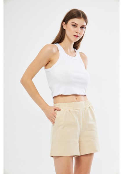 Kadın Krem Yüksek Bel Rahat Kalıp Günlük Mini Şort modelleri