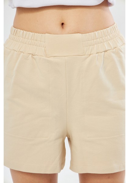 Kadın Krem Yüksek Bel Rahat Kalıp Günlük Mini Şort indirimleri