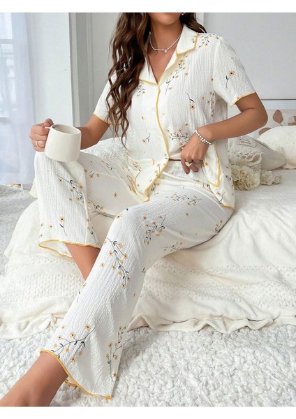 Çiçek Baskılı Cep Detaylı Düğmeli Günlük Pijama Takımı