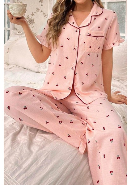 Kiraz Desenli Düğmeli Bebe Yaka Uzun Pijama Takımı