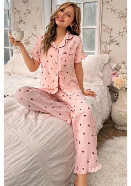 Kiraz Desenli Düğmeli Bebe Yaka Uzun Pijama Takımı modelleri