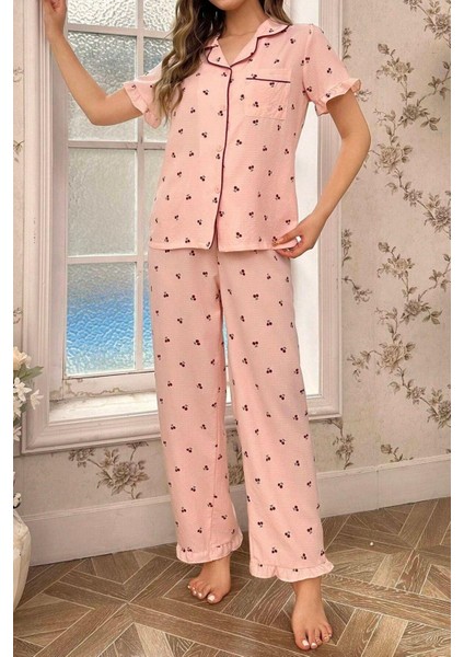 Kiraz Desenli Düğmeli Bebe Yaka Uzun Pijama Takımı fırsatları