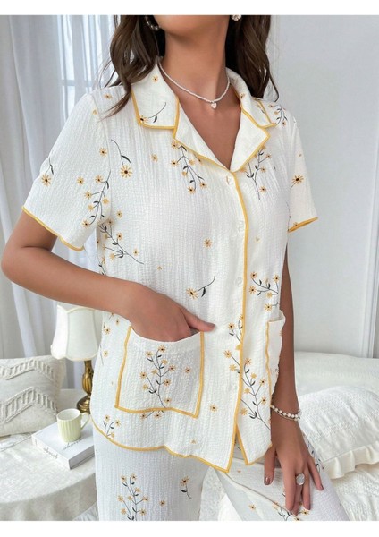 Çiçek Baskılı Cep Detaylı Düğmeli Günlük Pijama Takımı modelleri
