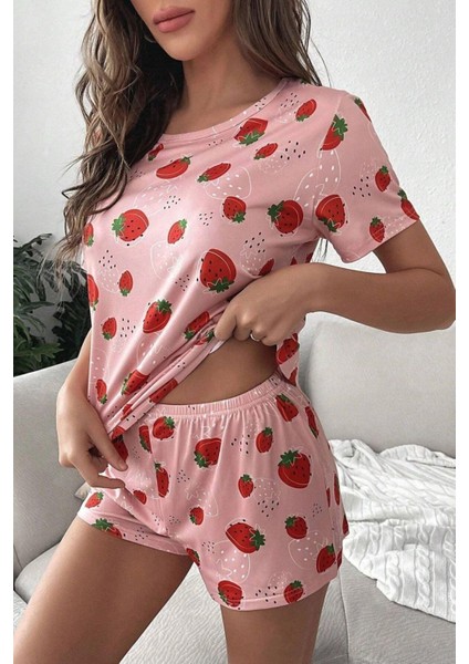 Bella Notte Pembe Çilek Baskılı Şortlu Pijama Takımı