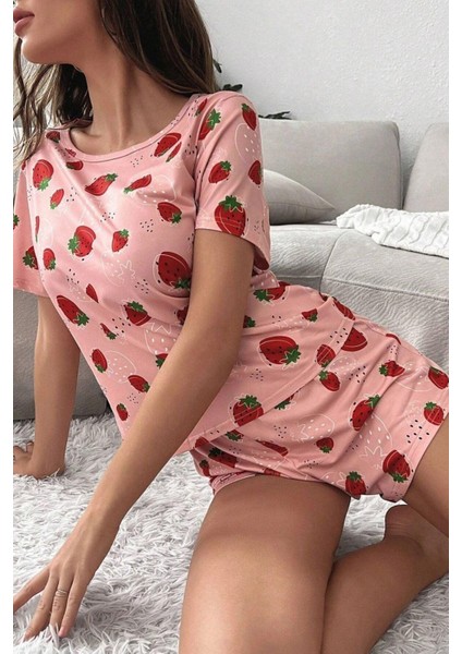 Bella Notte Pembe Çilek Baskılı Şortlu Pijama Takımı