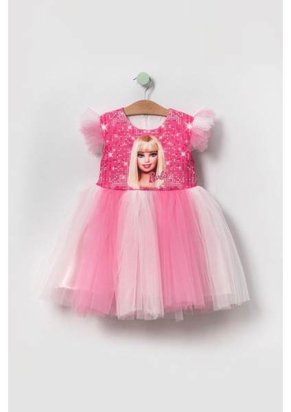 Barbie Tül Kız Çocuk Elbise - Pembe