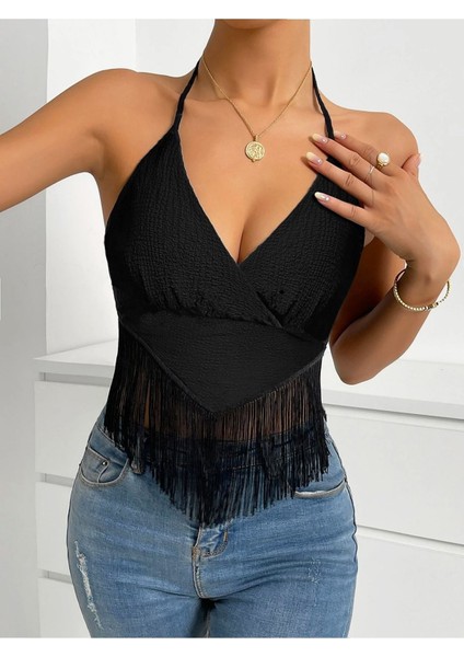 Kadın Siyah Püsküllü Crop Bluz