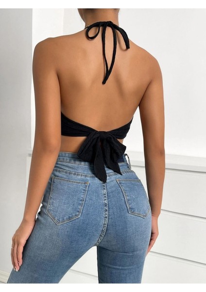 Kadın Siyah Püsküllü Crop Bluz