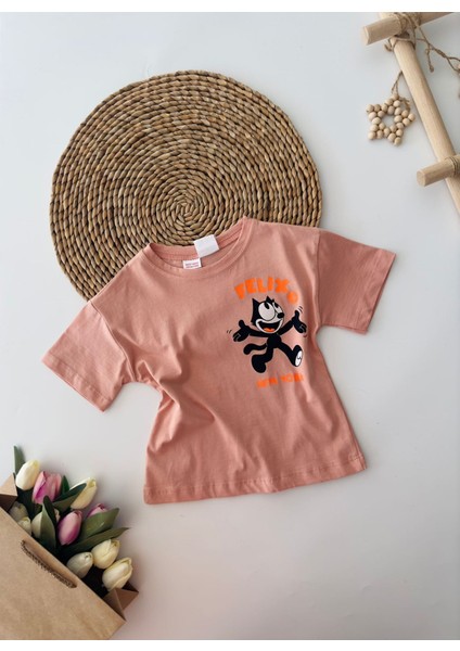 Flx Kedi Baskılı Unisex Çocuk Tşört - Gül Kurusu