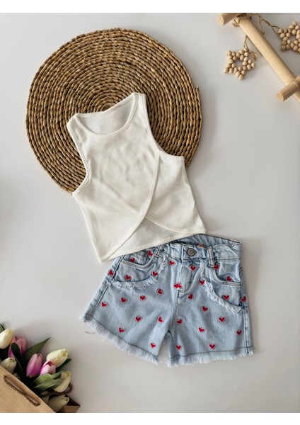 Kalp Işlemeli Çapraz 2 Li Takım - Beyaz