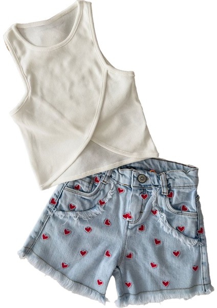 Kalp Işlemeli Çapraz 2 Li Takım - Beyaz fırsatları