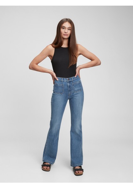 Kadın Mavi High Rise Flare Jean Pantolon