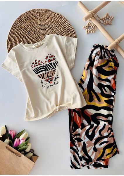 Kalp Baskılı Viskon Bağlamalı Kız Çocuk Takım Camel-Kahve