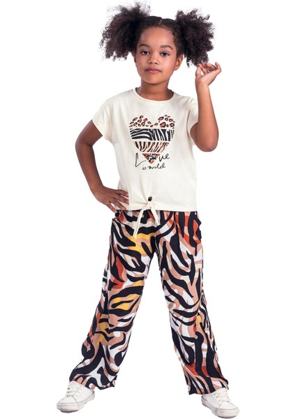 Kalp Baskılı Viskon Bağlamalı Kız Çocuk Takım Camel-Kahve fiyatları