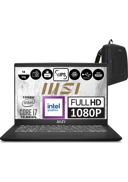 Msı Modern 14 Intel Core I7 1255U 16GB 512GB SSD Freedos 14" Intel® Iris® Xe Graphics Fhd IPS Taşınabilir Bilgisayar C12MO1039XTRF01 + Zetta Çanta