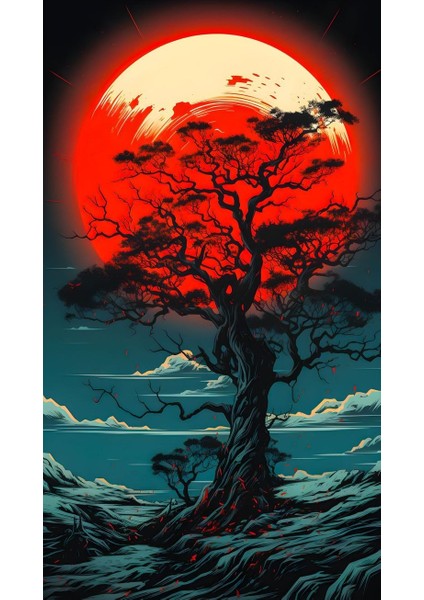 Günbatımı Ağaç Illustrasyon Tasarım Poster 30X42 cm Çerçevesiz