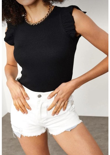 Bisiklet Yaka Kolları Fırfırlı Kaşkorse Tişört Bluz