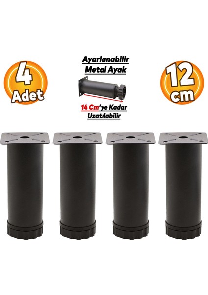 Ayarlanabilir Mobilya Kanepe Baza Koltuk Metal Destek Yükseltici Ayağı 12 Cm Siyah Ayakları 4 Adet