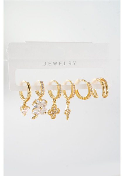 Kadın Vip Seri Zirkon Taşlı Karışık Figürlü 6'lı Küpe Seti