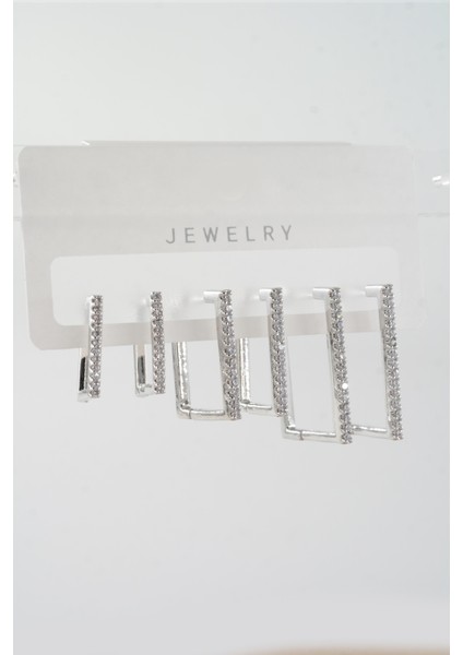 Kadın Vip Seri Zirkon Taşlı 3 Boy Dikdörtgen Model 6'lı Küpe Seti