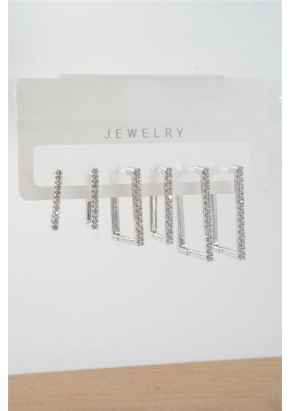 Kadın Vip Seri Zirkon Taşlı 3 Boy Dikdörtgen Model 6'lı Küpe Seti fiyatları