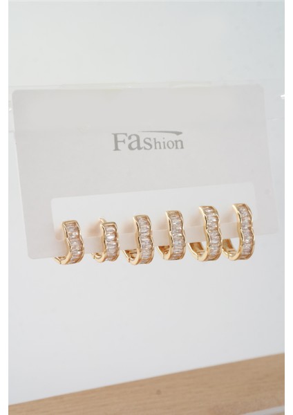 Kadın Vip Seri Baget Zirkon Taşlı 3 Boy Kalp Model 6'lı Küpe Seti