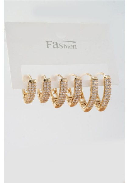 Kadın Vip Seri Zirkon Taşlı 3 Boy 6'lı Küpe Seti