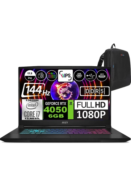 Msı Katana 17 Intel Core I7 13620H 16GB 512GB SSD RTX4050 (105W)6GB Windows 11 Home 17.3" Fhd 144Hz Taşınabilir Bilgisayar B13VEK1035XTRWH01 + Zetta Çanta